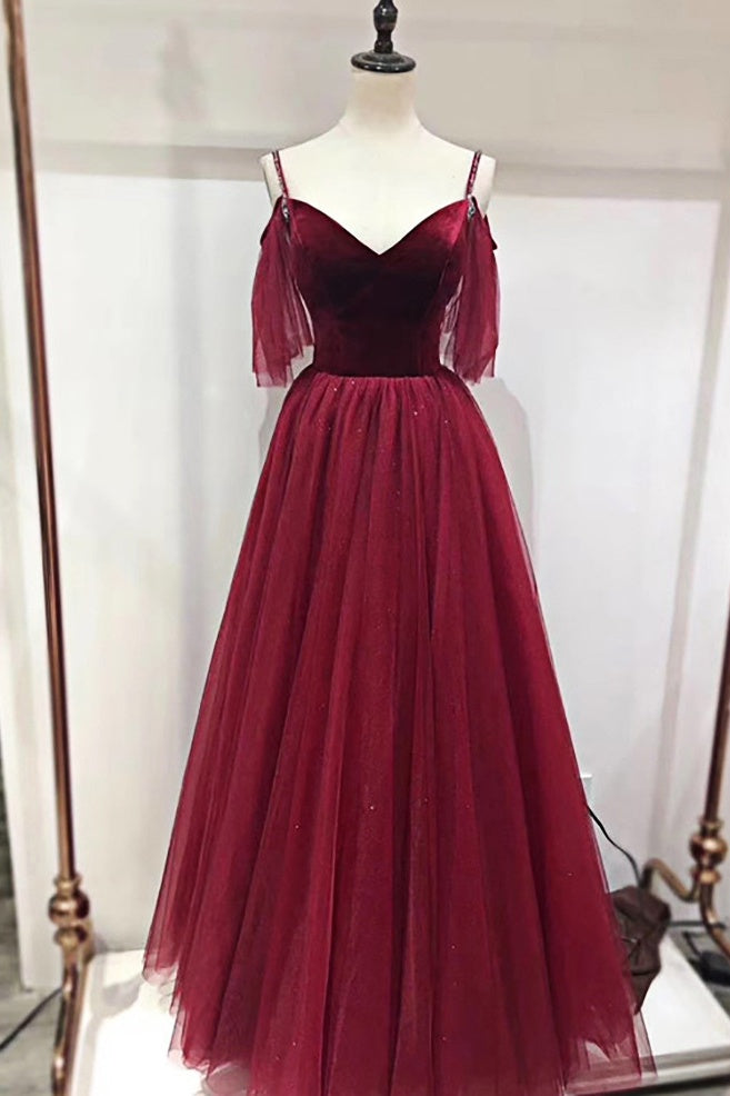 Spaghetti Straps Flowy Burgundy Long A-line Simple Princess Prom Dresses Spaghetti Straps Flowy Burgundy Long A-line Simple Princess Prom Dresses