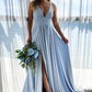 Simple Front Split Light Blue V-neck Elegant Cheap Long Prom Dresses M881