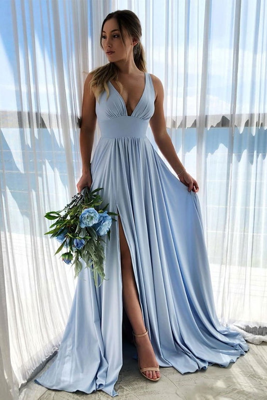 Simple Front Split Light Blue V-neck Elegant Cheap Long Prom Dresses M881