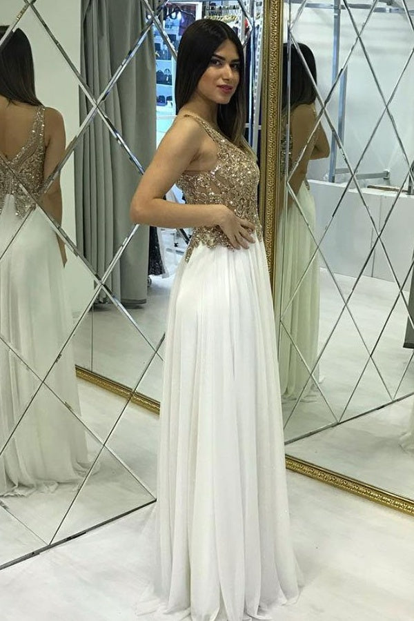 Pretty Ivory Chiffon Long Beading A-line Prom Dresses For Teens Pretty Ivory Chiffon Long Beading A-line Prom Dresses For Teens
