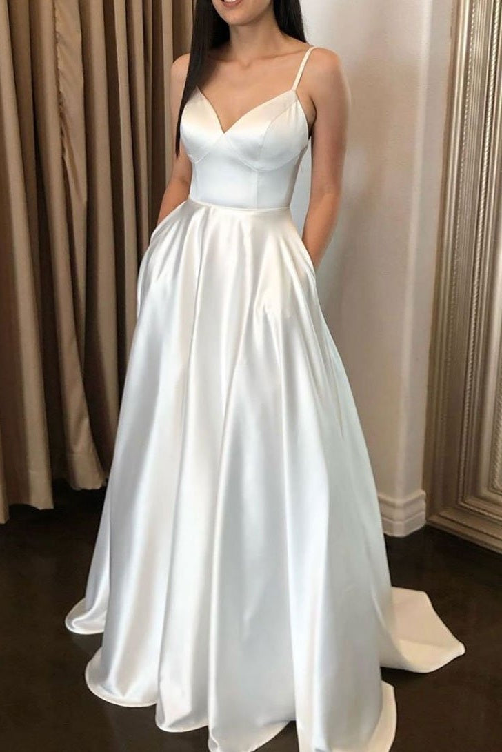 Ivory Spaghetti Straps Satin A-line Prom Dresses With Pockets Ivory Spaghetti Straps Satin A-line Prom Dresses With Pockets