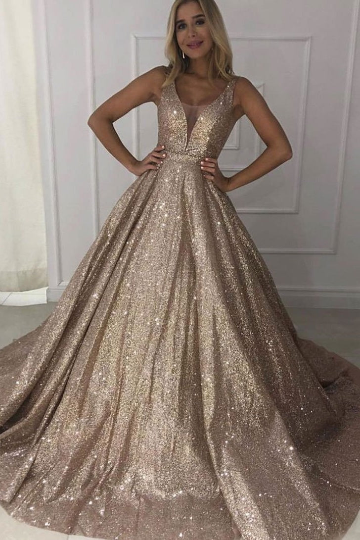 Sparkly V-neck Long Ball Gown Prom Dresses Modest Quinceanera Dresses Sparkly V-neck Long Ball Gown Prom Dresses Modest Quinceanera Dresses