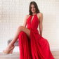 Flowy Red Chiffon Long Open Back Front Split Prom Dresses Fashion Dresses