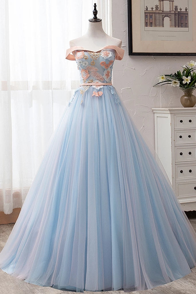 Newest Off The Shoulder Light Blue And Pink Long Ball Gown Prom Dresses Newest Off The Shoulder Light Blue And Pink Long Ball Gown Prom Dresses