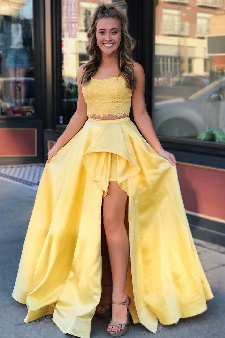 Pretty Two Pieces Lace Satin Long Prom Dresses For Teens Yellow Party Dresses Pretty Two Pieces Lace Satin Long Prom Dresses For Teens Yellow Party Dresses