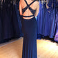 Navy Blue V Neck Backless Top Lace Prom Dresses with Split Side