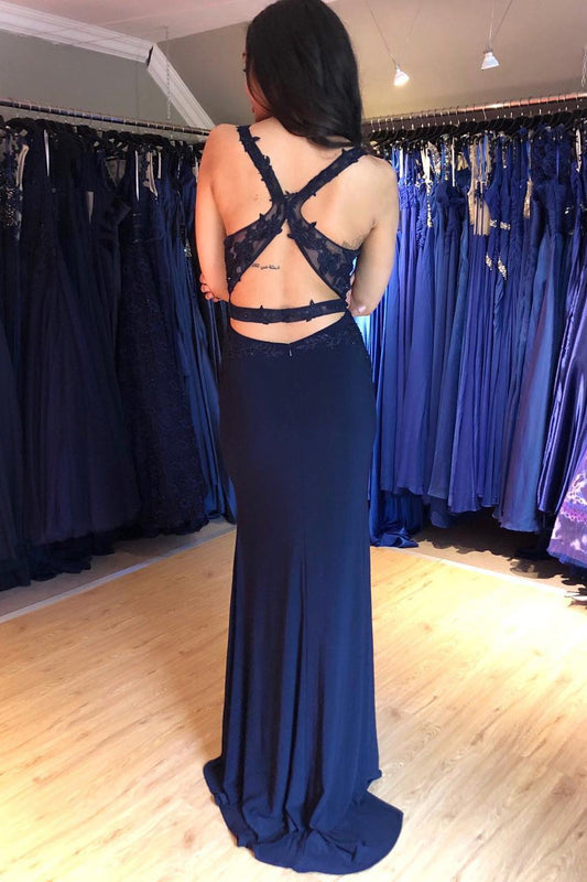 Navy Blue V Neck Backless Top Lace Prom Dresses with Split Side