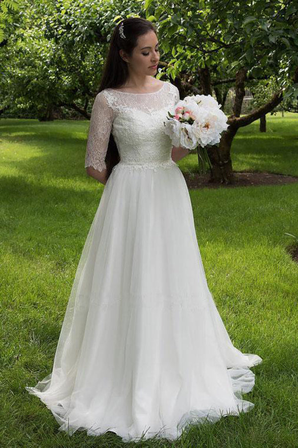 Ombreprom Wedding Dress Charming Lace Round Neck Half Sleeves Bridal Gown Ombreprom Wedding Dress Charming Lace Round Neck Half Sleeves Bridal Gown