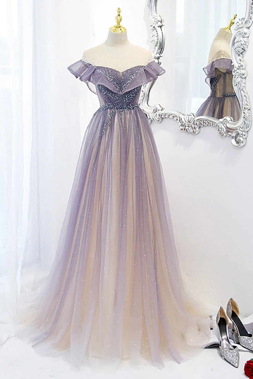 Off the Shoulder Ombre Tulle A-Line Sparkly Short Sleeves Prom Dresses Off the Shoulder Ombre Tulle A-Line Sparkly Short Sleeves Prom Dresses