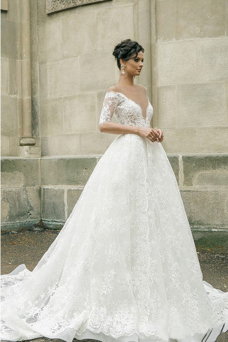 Ombreprom Wedding Dress Half Sleeves Sheer Deep V-neck Lace Applique Ball Gown Illusion Back Bridal Gown Ombreprom Wedding Dress Half Sleeves Sheer Deep V-neck Lace Applique Ball Gown Illusion Back Bridal Gown