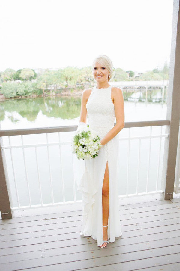 Ombreprom Beach Wedding Dress A Line Floor Length Sleeveless Sheer Back Appliques Side Slit Bridal Gown Ombreprom Beach Wedding Dress A Line Floor Length Sleeveless Sheer Back Appliques Side Slit Bridal Gown