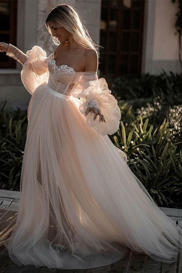 Products Elegant Flowy Long Sleeves Backless Romantic Long Beach Wedding  Dresses
