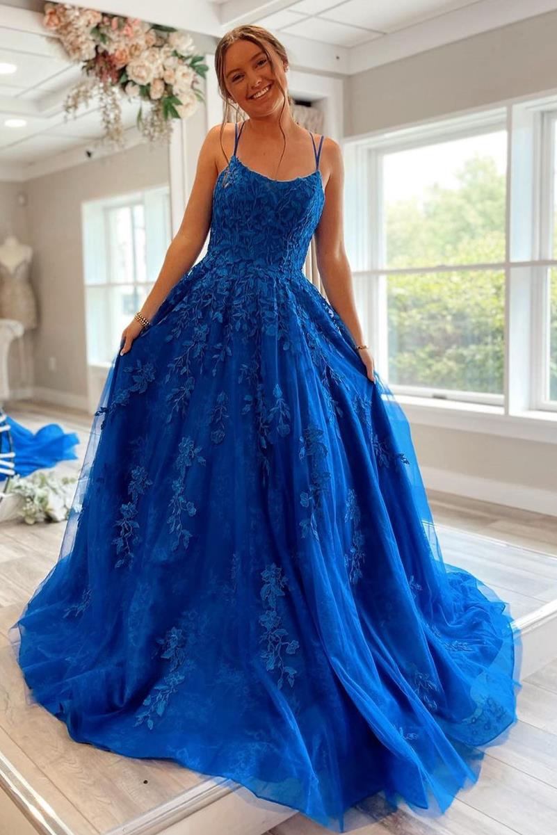 Princess A Line Lace Appliques Royal Blue Tulle Long Formal Dresses Prom Dresses Princess A Line Lace Appliques Royal Blue Tulle Long Formal Dresses Prom Dresses