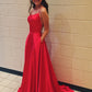 Products Casual Red Simple Spaghetti Straps Backless Sweep Train Backless Prom Dress With Pockets D172
