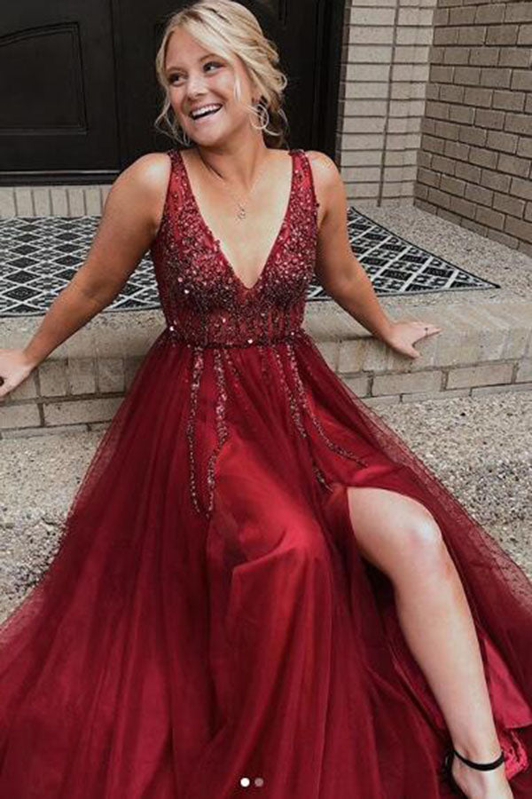 Sexy Burgundy School Dance Dresses Long Prom Dresses with Beading Popular Sexy Burgundy School Dance Dresses Long Prom Dresses with Beading Popular