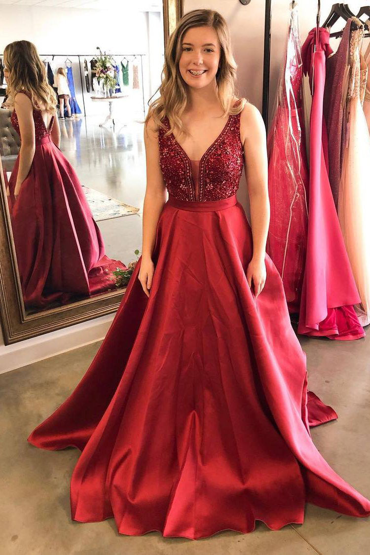 Red Prom Dresses Satin Beaded Ball Gown with Pockets Red Prom Dresses Satin Beaded Ball Gown with Pockets