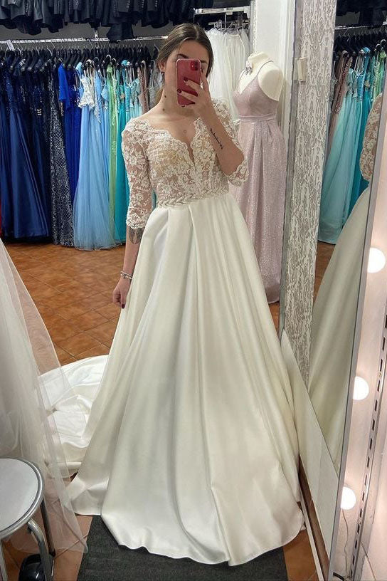 V Neck Satin Half-Sleeves A Line Off White Custom Made Long Prom Dress
