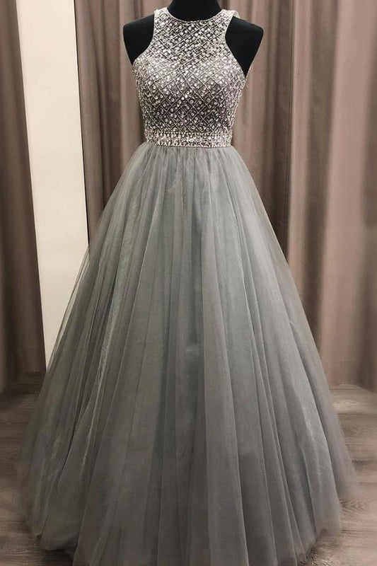 Gorgeous Gray A-line Scoop Beaded Long Prom Dress Evening Gowns