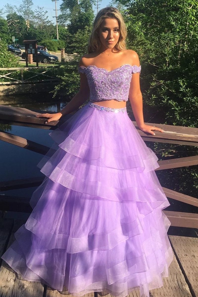 Wisteria Off Shoulder Lace Appliques Two Pieces Long A-Line Prom Dresses Wisteria Off Shoulder Lace Appliques Two Pieces Long A-Line Prom Dresses