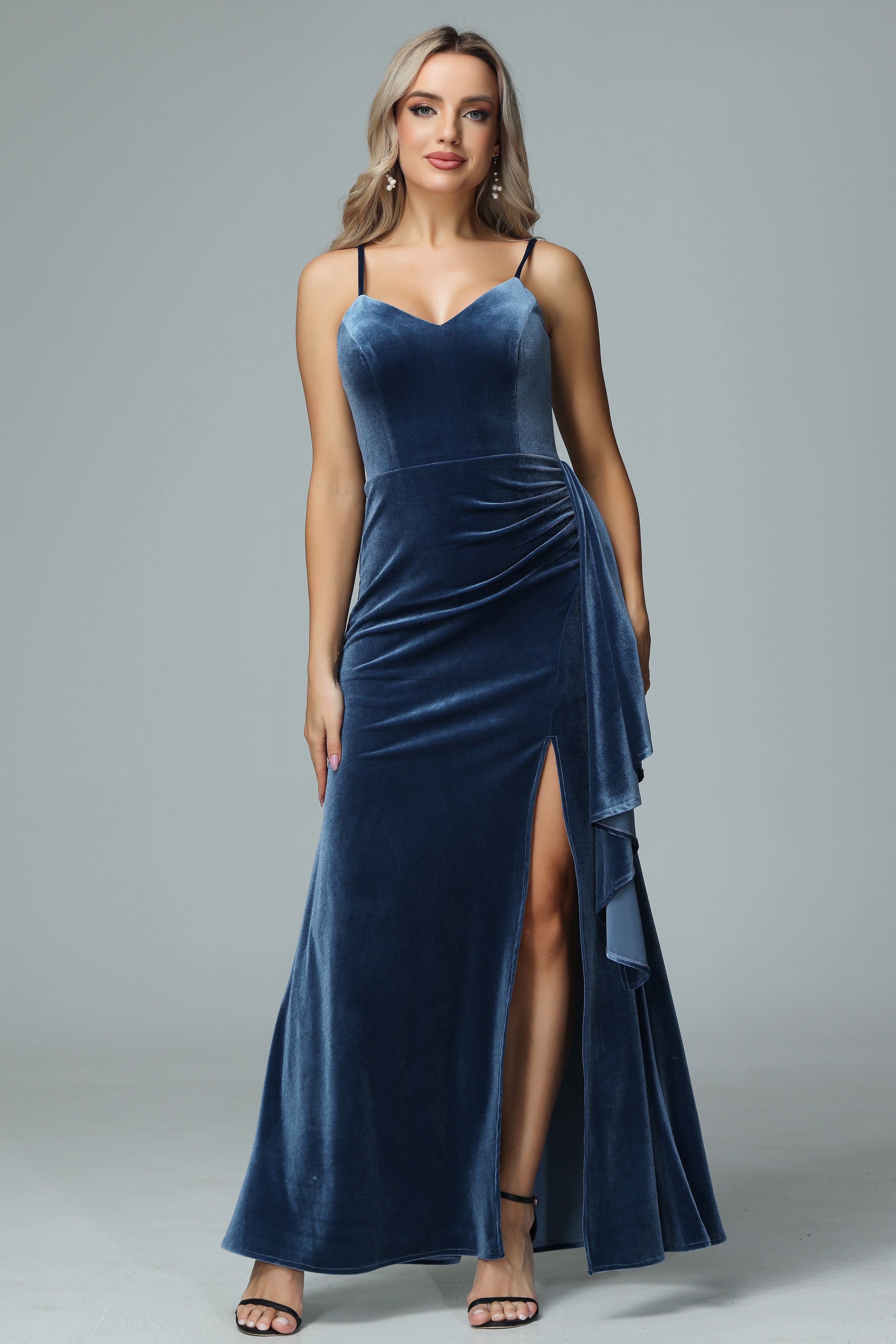 Spaghetti Straps V-neck Velvet Bridesmaid Dresses with Slit Spaghetti Straps V-neck Velvet Bridesmaid Dresses with Slit
