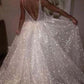 Delicate Sparkly V-neck Backless Sweep Train Sequin Shiny Long Ivory Princess Prom Dresses P667