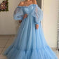 Chic Lace Up Blue Tulle Simple A Line Princess Prom Dresses D332