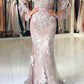 V Neck Long Sleeves Lace Mermaid Prom Dresses with Appliques