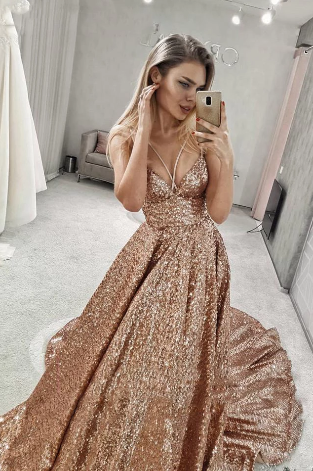 v neck sequin maxi dress Long V-Neck Sequin Prom Dress with Open Back Lilac / 6