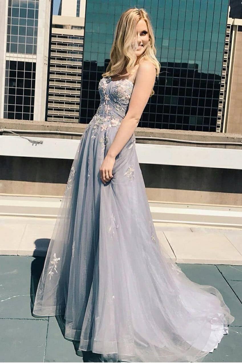 Silver Sleeveless A-line Spaghetti Straps Lace Long Prom Dresses Silver Sleeveless A-line Spaghetti Straps Lace Long Prom Dresses