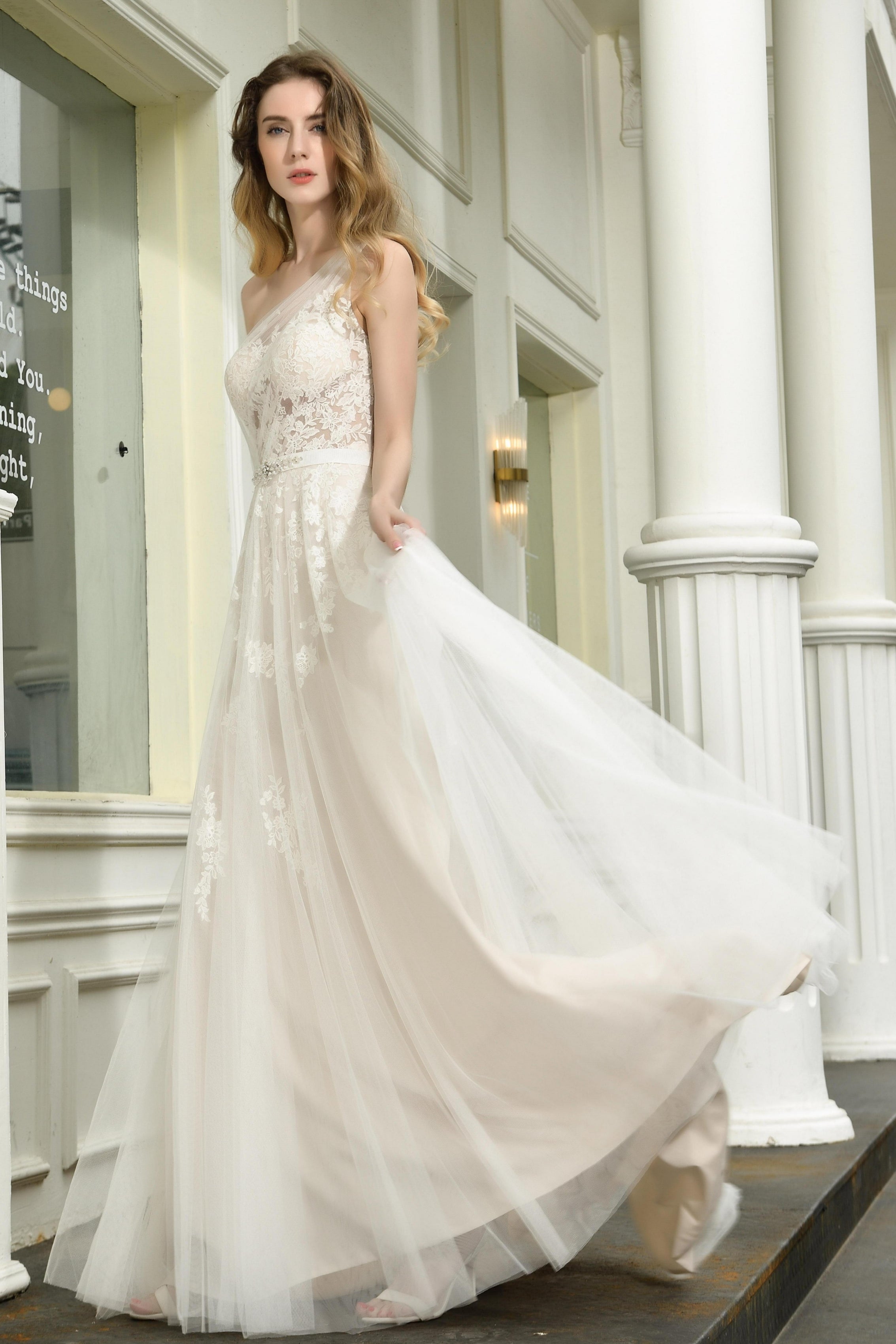 Ombreprom Wedding Dress Elegant One Shoulder Sleeveless Tulle Bridal Gown with Appliques Ombreprom Wedding Dress Elegant One Shoulder Sleeveless Tulle Bridal Gown with Appliques