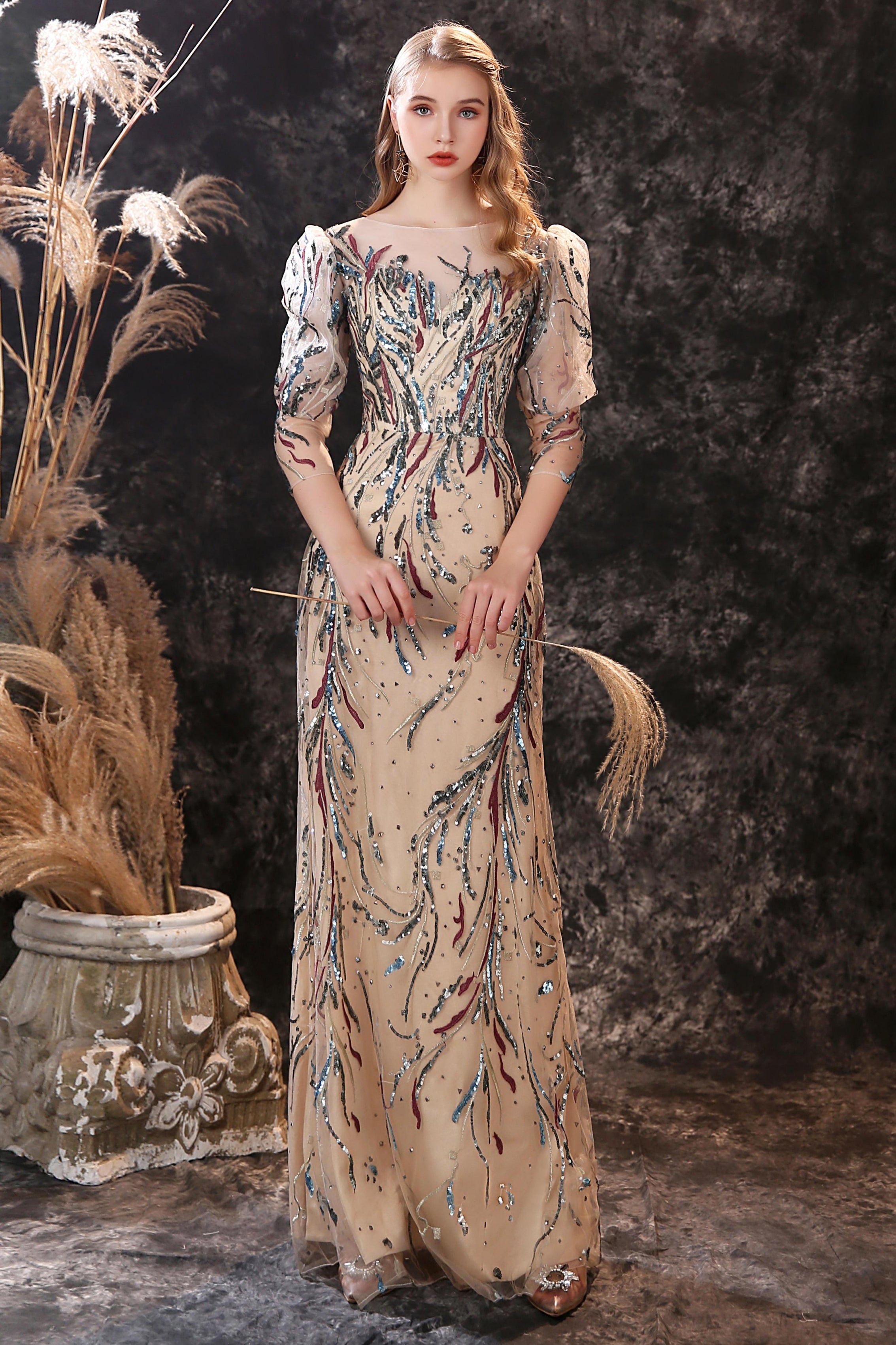 Stunning Half Sleeves A Line Floor-length Sequins Beaded Prom Dresses Stunning Half Sleeves A Line Floor-length Sequins Beaded Prom Dresses