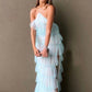 Fashion Halter Ruffles Chiffon Long Party Dresses Tulle Prom Dresses with Slit