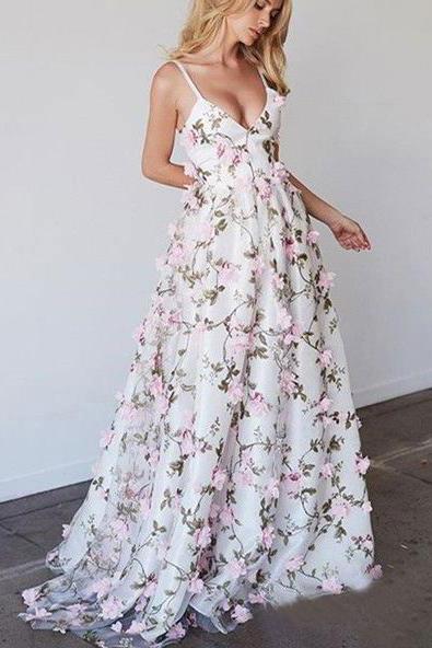 Chic A-line Spaghetti Straps 3D Floral Lace Long Prom Dresses Chic A-line Spaghetti Straps 3D Floral Lace Long Prom Dresses