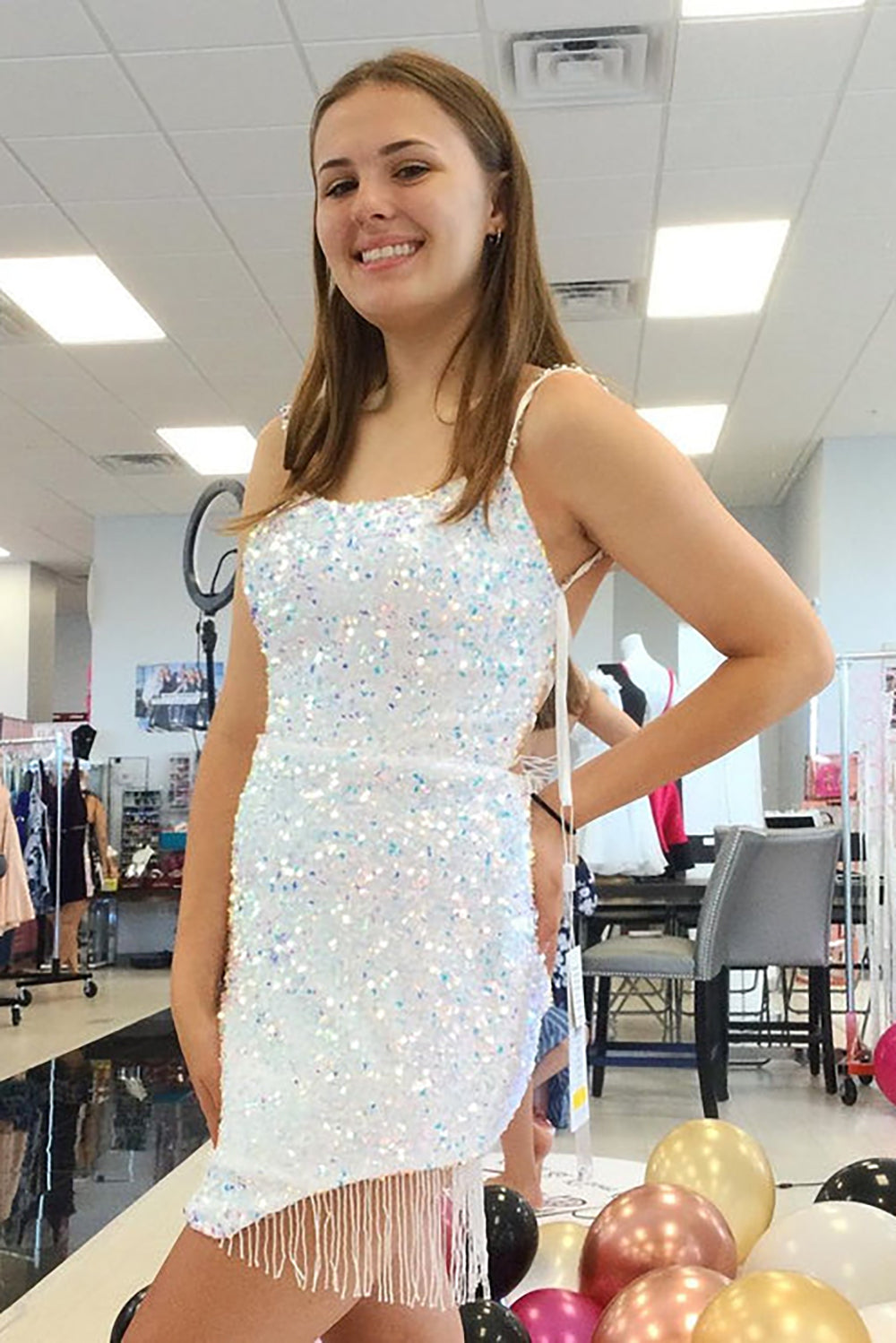 Ombreprom Homecoming Dress White Sequins Spaghetti Straps Backless Short Party Dress Ombreprom Homecoming Dress White Sequins Spaghetti Straps Backless Short Party Dress