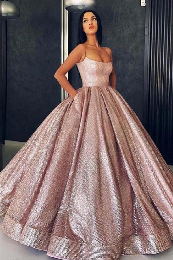 Sparkly Spaghetti Straps Sleeveless A Line Ball Gown Prom Dresses With Sparkly Spaghetti Straps Sleeveless A Line Ball Gown Prom Dresses With
