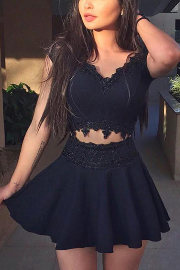 Ombreprom Homecoming Dress Two Pieces V-neck Black Cap Sleeve Short Prom Dress Ombreprom Homecoming Dress Two Pieces V-neck Black Cap Sleeve Short Prom Dress