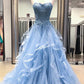 Gorgeous A Line Sweetheart Appliques Lace Prom Dresses with Ruffles P913