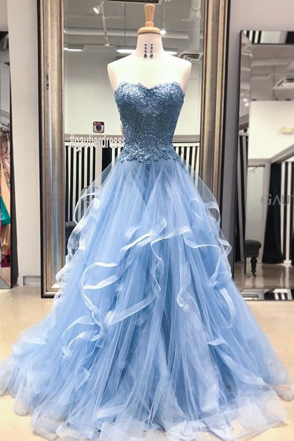 blue prom dress with ruffles Strapless Long Beaded Prom Dress with Ruffled Skirt Cloud Blue / 6