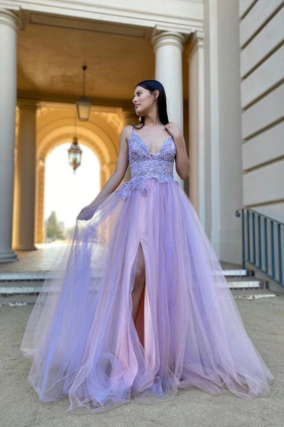 Lilac V-Neck Split Tulle Appliques Charming A-Line Prom Dresses Custom Color