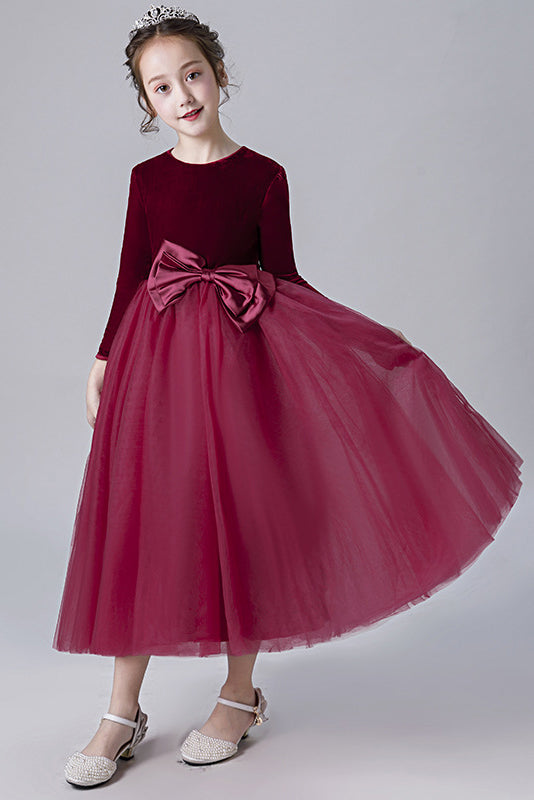 A Line Burgundy Long Sleeves Tulle Flower Girl Dresses A Line Burgundy Long Sleeves Tulle Flower Girl Dresses