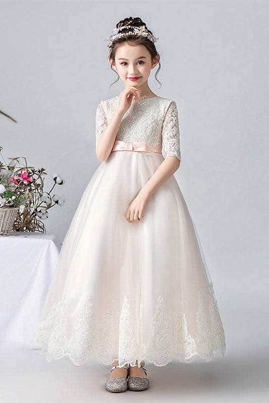 white half sleeve lace dress Vintage Sheer Back Half Sleeve Lace Wedding Dress with V-neck Champagne / 12