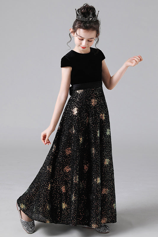 A Line Black Cap Sleeve Floor Length Flower Girl Dresses A Line Black Cap Sleeve Floor Length Flower Girl Dresses