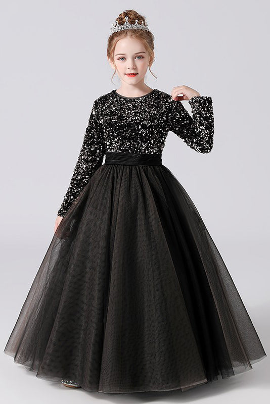 Black Tulle Long Sleeve Floor Length Flower Girl Dresses With Sequins Black Tulle Long Sleeve Floor Length Flower Girl Dresses With Sequins