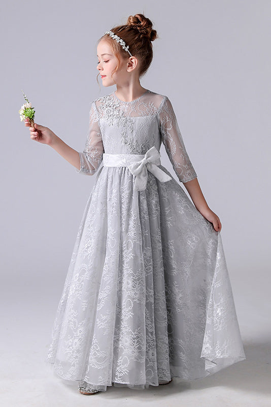 long sleeve flower girl dresses Elegant Pearl Neck Satin Floor Length Flower Girl Dress