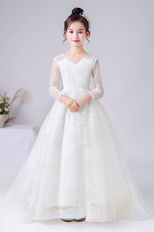 long sleeve flower girl dresses A Line Elegant Long Sleeve Lace Flower Girl Dress With Bownet