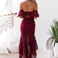Burgundy Two Piece High Low Off-the-Shoulder Mermaid Lace Homecoming Dresses M312 - Ombreprom