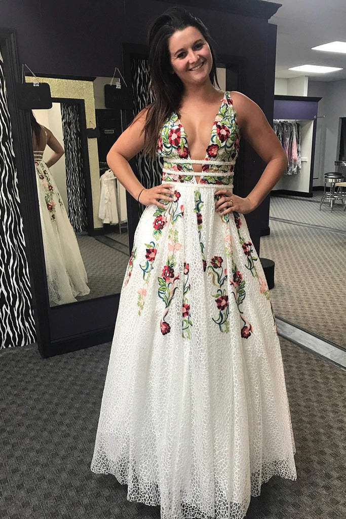 Charming Floral Embroidery Long Prom Dresses V Neck A Line Party Dresses Charming Floral Embroidery Long Prom Dresses V Neck A Line Party Dresses