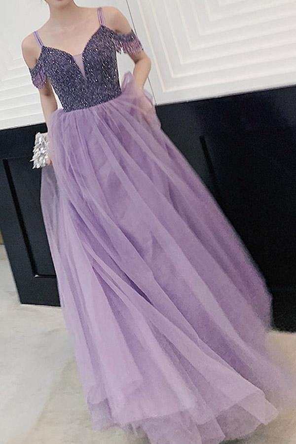 Tulle A Line Elegant Cold Shoulder Beaded Lilac Long Prom Party Dresses Tulle A Line Elegant Cold Shoulder Beaded Lilac Long Prom Party Dresses