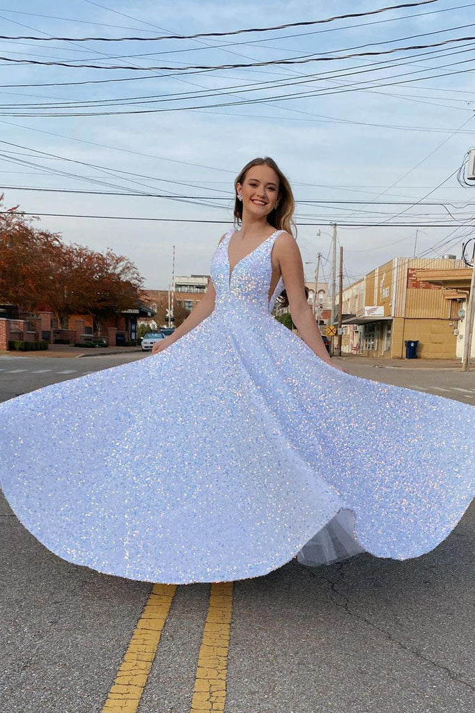 Shiny White Sequins A-Line V-Neck Formal Evening Dresses Long Prom Dresses Shiny White Sequins A-Line V-Neck Formal Evening Dresses Long Prom Dresses