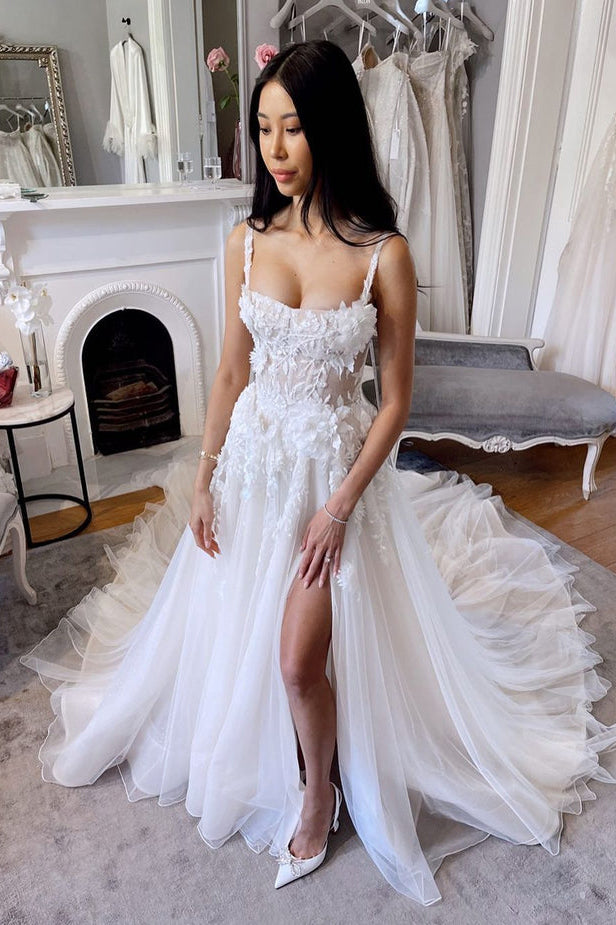 Fairy A Line Scoop Neck Tulle Long Wedding Dresses with Lace Custom Color Fairy A Line Scoop Neck Tulle Long Wedding Dresses with Lace Custom Color